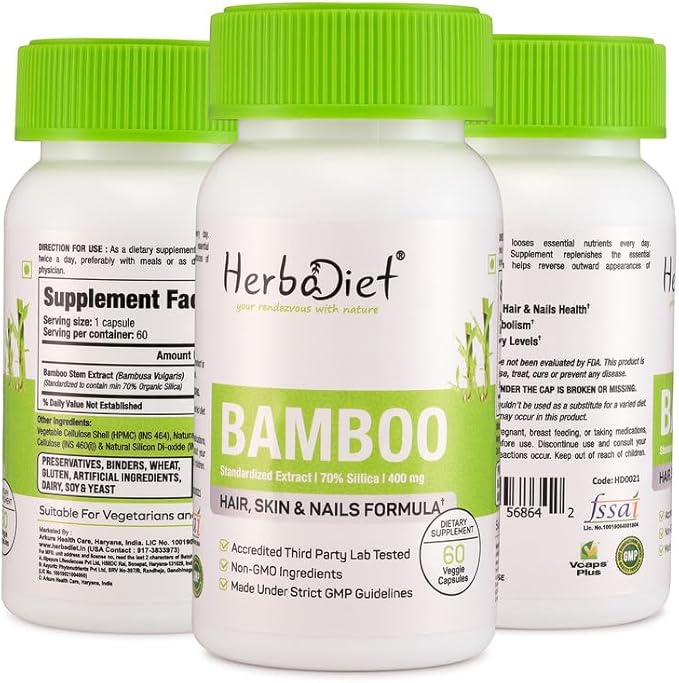 Herbadiet Bamboo Extract Capsules | Supports Healthy Skin, Hair & Nails | Natural Hair Supplement with 70% Silica (120 Capsules)