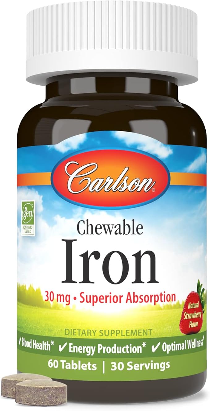 Carlson - Chewable Iron, 30 mg, Superior Absorption, Blood Health, Energy Production & Optimal Wellness, Natural Strawberry Flavor, 60 Tablets