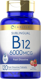 Carlyle Vitamin B-12 6000mcg | 120 Fast Dissolve Tablets | Natural Berry Flavor | Cyanocobalamin & Methylcobalamin | Vegetarian, Non-GMO, and Gluten Free Sublingual Supplement