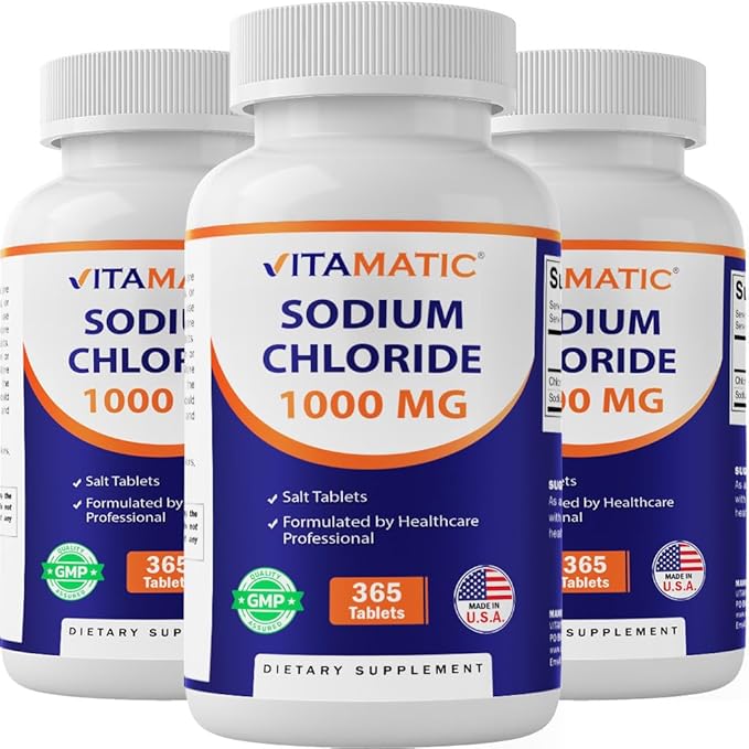 Vitamatic Sodium Chloride 1000mg – 365 Tablets Electrolyte Replenisher & Hydration Support – Non-GMO, Gluten-Free -3 Bottles
