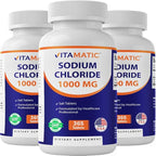 Vitamatic Sodium Chloride 1000mg – 365 Tablets Electrolyte Replenisher & Hydration Support – Non-GMO, Gluten-Free -3 Bottles