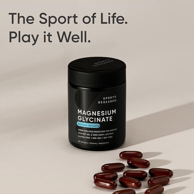 Sports Research® Magnesium Glycinate - Supports Restful Sleep & Enzymatic Processes - 160 mg Chelated Magnesium - Liquid Softgel - 60 Count