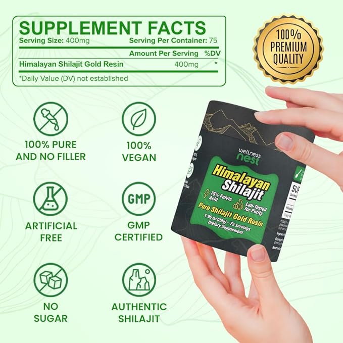 Wellness Nest Gold Grade Pure Himalayan Shilajit Resin: Ultimate Potency for Men & Women - 24k Gold, 75%+ Fulvic Acid, Lab Test Report Included - 30g (1 Pack), 75 Servings