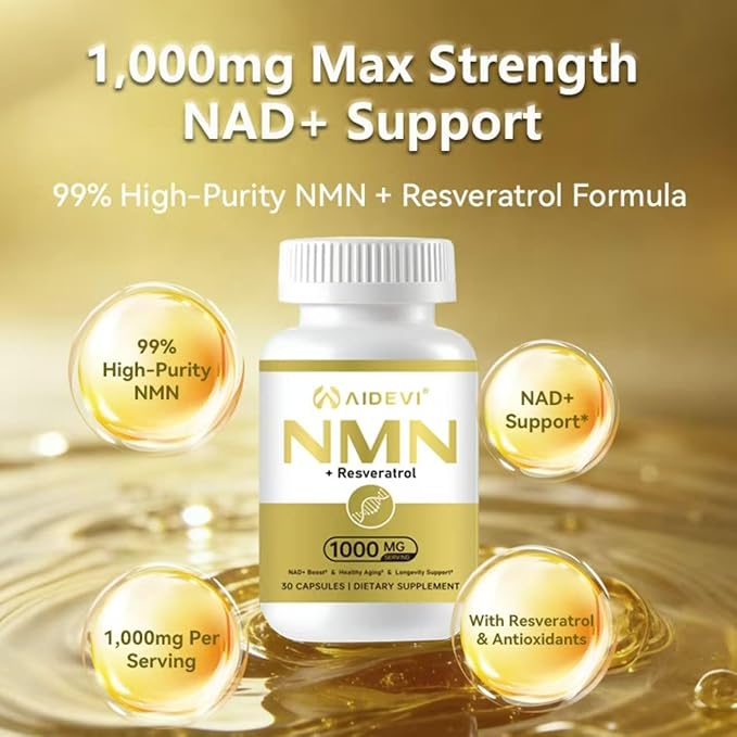 NMN Resveratrol Supplement, 1000mg, 99% Purity, NAD+ for Anti-Aging, DNA Repair, Cellular Energy and Immune Support, 30 Capsules