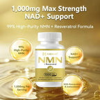NMN Resveratrol Supplement, 1000mg, 99% Purity, NAD+ for Anti-Aging, DNA Repair, Cellular Energy and Immune Support, 30 Capsules