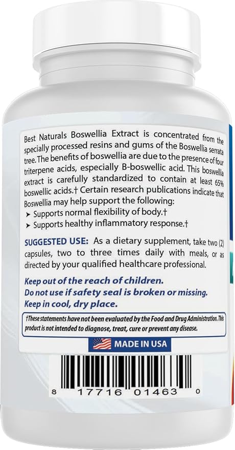 Best Naturals Boswellia Serrata Joint Health 250 mg 120 Capsules - Standardized to 65% Boswellic Acid (120 Count (Pack of 3))
