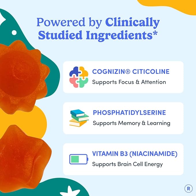FIRST DAY Kids Focus & Brain Supplement Gummies Ages 4+ | Attention & Calm Support with Cognizin® Citicoline & Phosphatidylserine | Organic, Vegan | 30-Day Supply