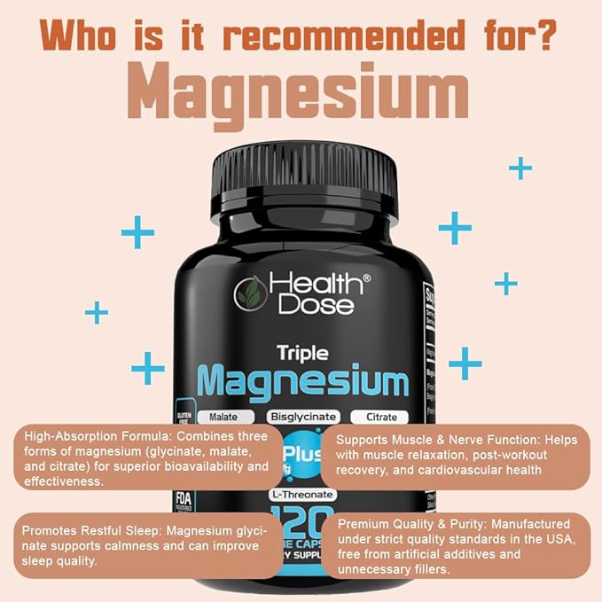 Health Dose Triple Magnesium Complex 1000 mg | L-Threonate, Bisglycinate, Citrate & Malate Blend | Support for Muscle Relaxation, Sleep & Cognitive Function | 120 Capsules | All-in-One Formula (5)