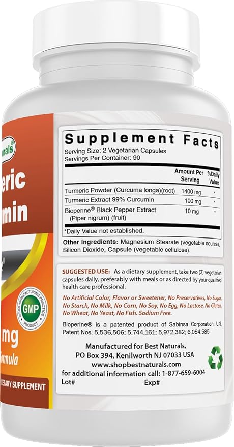 Best Naturals Turmeric Curcumin 1500mg/Serving with Bioperine - 180 Veggie Capsules (Pack of 2)