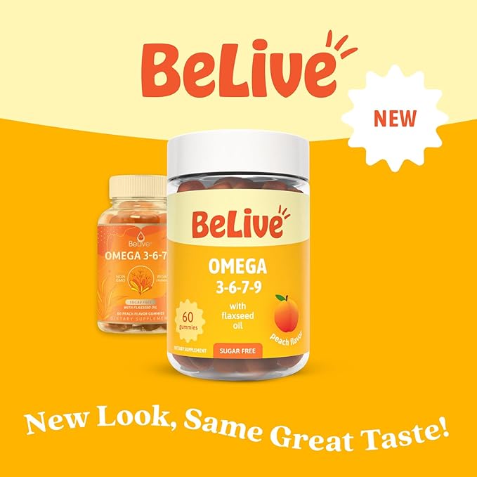 BeLive Organic Omega 3 Gummies - 60 Ct I Vegan Omegas 3 6 7 & 9 from Flaxseed Oil & Sea Buckthorn Fruit Oil, for Kids & Adults, Full Body, Brain & Eye Support, Sugar Free – Peach Flavor
