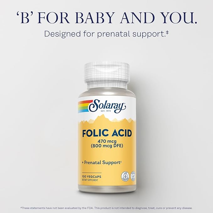 SOLARAY Folic Acid - Vitamin B9 Folic Acid Supplement, Prenatal Vitamin - Blood Cell Development Support - Vegan, Lab Verified, 60-Day Guarantee - 100 Servings, 100 VegCaps