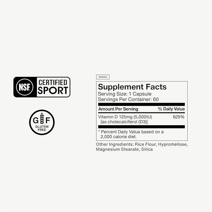 Momentous Vitamin D3 Supplement - 5,000 IU Capsules for Foundational Health Support - NSF Certified for Sport - Gluten Free - 60 Servings