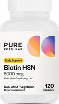 PureFormulas Biotin 8000 mcg Hair Skin Nails Biotin Supplement Biotina, Biotin Hair Growth Vitamins B7 Supplement for Women & Men 120 Capsules