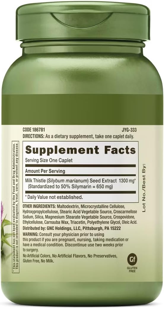 GNC Herbal Plus Milk Thistle 1300mg Supplement, Extra Strength, Vegetarian, Supports Healthy Liver Function, 120 Servings