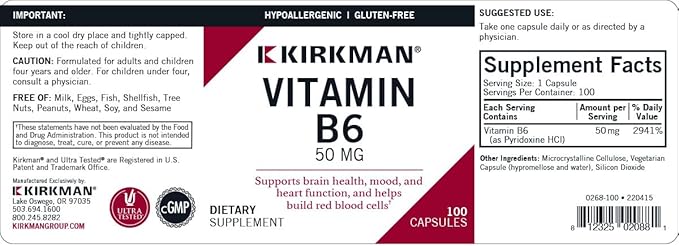 Kirkman Vitamin B-6 50 mg - Hypoallergenic || 100 Vegetarian Capsules || Gluten/Casein Free || Tested for More Than 950 Environmental contaminants.