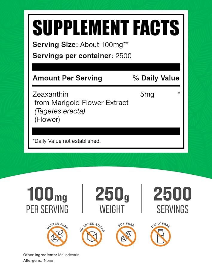 BulkSupplements.com Zeaxanthin Powder - Zeaxanthin Supplements, from Marigold Flower Extract - Gluten Free, 100mg (Zeaxanthin 5mg) per Serving, 250g (8.8 oz) (Pack of 1)