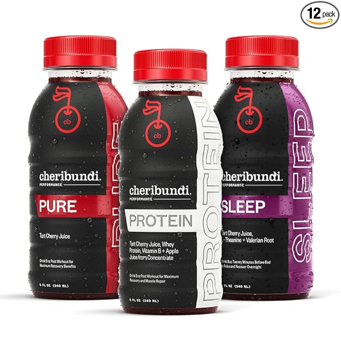 Cheribundi Tart Cherry Juice Power Pack | Variety Pack | Pure, Protein & Sleep Flavors | Athletes Recovery Drink | Promotes Restorative Sleep, Muscle Recovery & Boost Performance | 8 floz (12 Pack)