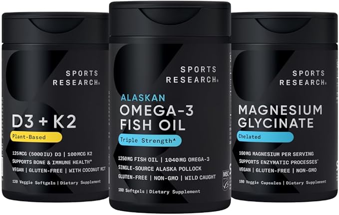 Sports Research® Multivitamin Pack - Alaskan Omega-3 Fish Oil 1250mg, Vitamin D3 5000iu + K2 100mcg, and Chelated Magnesium Glycinate 160mg - Vegan Certified · Non-GMO · Gluten & Soy Free