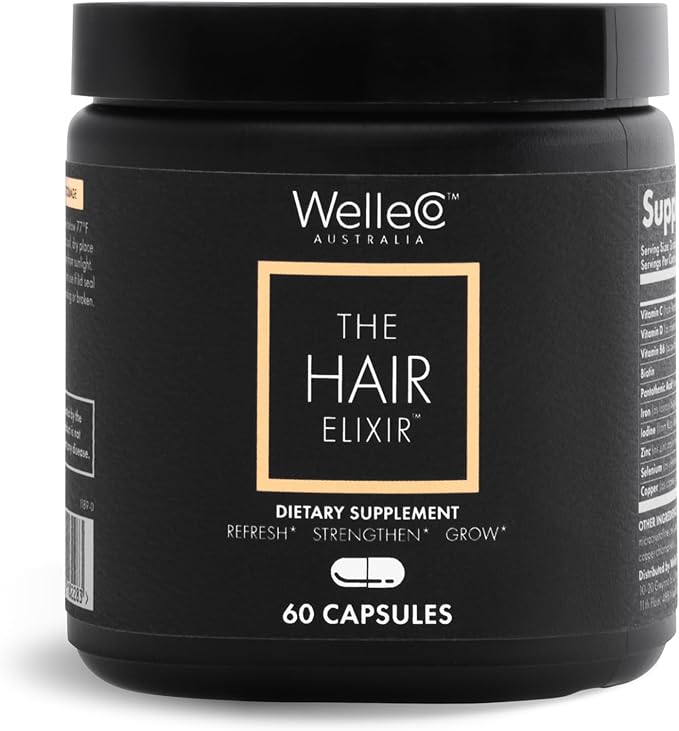 WelleCo The Hair Elixir Vegan Hair Care Supplement with Biotin, Iron, Zinc & Rhodiola, Promotes Hair Growth & Thickness and Helps Reduce Breakage, Gluten Free Hair Skin and Nails Vitamins, 60 Capsules