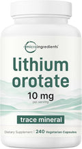 Lithium Orotate 10mg, 240 Veggie Capsules | 5mg Per Capsules | High Bioavailability Trace Mineral | Healthy Aging, Brain Supplement, & Mood Support | Non-GMO, Gluten Free
