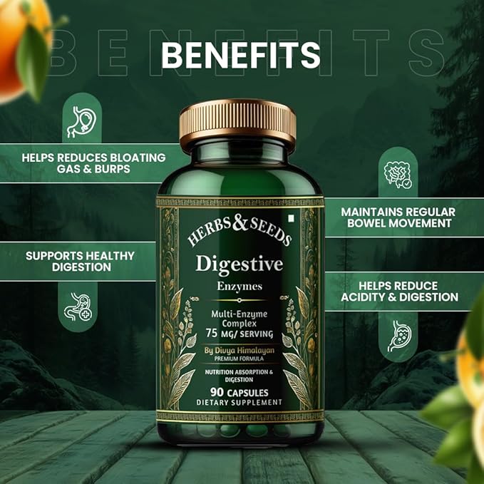 HERBS & SEEDS Digestive Enzymes for Gut Health Multi Enzyme Complex with Bromelain, Papain, Amylase & Protease – Supports Healthy Digestion, Nutrient Absorption & Gut Comfort – 90 Vegan Capsules