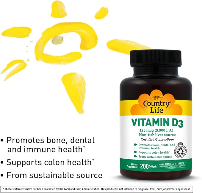 Country Life Vitamin D3 5000 IU for Immune and Bone Health, Calcium Absorption, and Colon Health - Sustainable Source from Lanolin, Available in Various Strengths