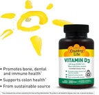 Country Life Vitamin D3 5000 IU for Immune and Bone Health, Calcium Absorption, and Colon Health - Sustainable Source from Lanolin, Available in Various Strengths