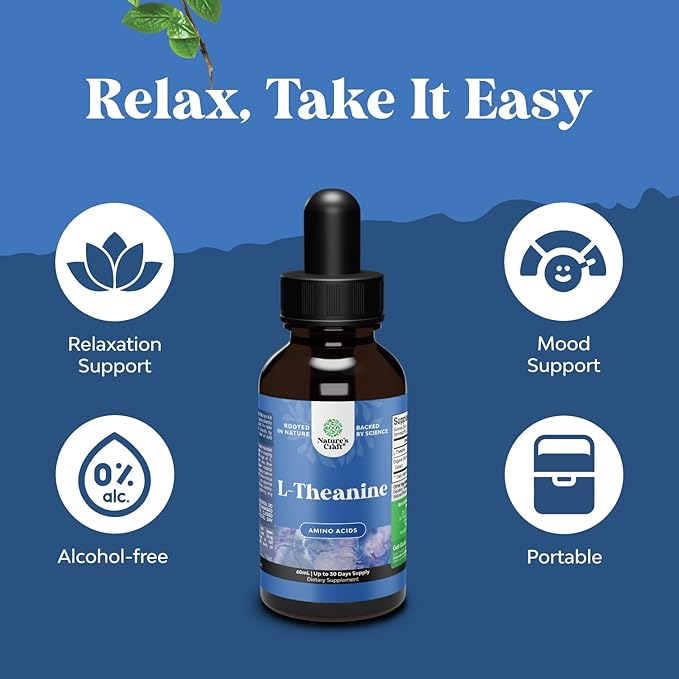 Natures Craft High Absorption L-Theanine Liquid Drops - Nootropic Focus Supplement with L Theanine 200mg Per Serving and Chamomile Extract - Adults and Kids Relaxation and Focus - 2 Fl Oz (3 Pack)