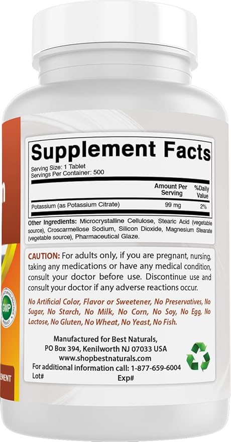 Best Naturals Potassium Citrate 99mg 500 Tablets - 3rd Party Lab Tested