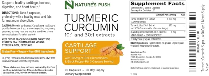 Nature's Push Turmeric Curcumin Super Potent 30:1 Extract 375mg 90% Curcuminoids, 1,350mg Turmeric Root 10:1 Plus Black Pepper for Healthy Inflammation Support Non-GMO Gluten Free Vegan USA 90 Caps