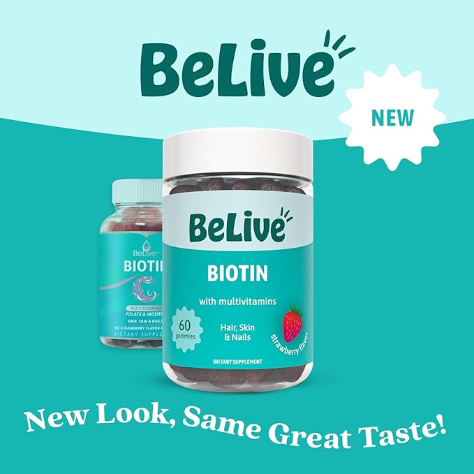 BeLive Biotin Gummies - Skin, Nails & Hair Vitamins with A, C, D, E, B12, Zinc, Folate & Inositol, Biotin Supplement for Anti-Aging, Energy & Collagen Boost, Multivitamin Gummies - Strawberry | 3-Pack