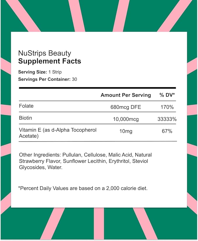 NuStrips™ Fast-Dissolving Beauty Strips with Biotin, Folate & Vitamin E – Hair, Skin & Nails Supplement – Supports Hair Growth & Reduces Hair Fall – Non-GMO, Vegan – Delicious Strawberry (30 Strips)