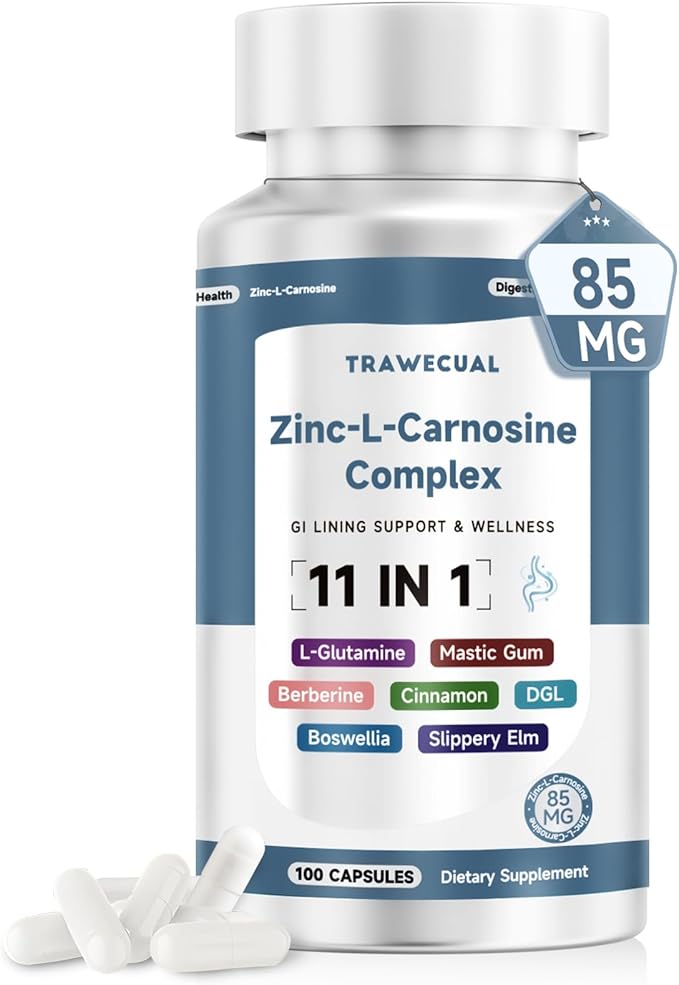Zinc L Carnosine Complex 85mg, 11-in-1 Digestive & Gut Health Support Supplement, with Soothing Herbal Extract Blend, L-Glutamine & Mastic Gum, 100 Capsules, Non-GMO, Vegan