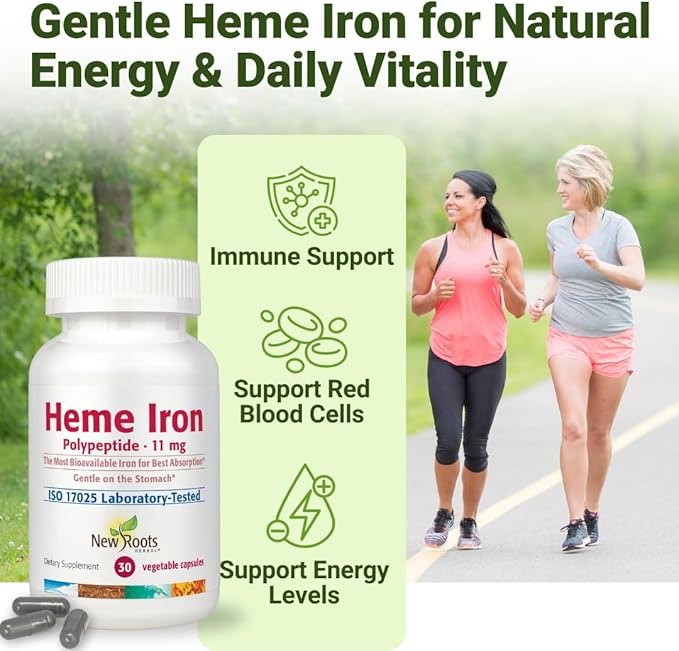 NEW ROOTS HERBAL Heme Iron Supplement | 4-in-1 Formula with Vitamin C, B12, Folate for Best Absorption | Raise Hemoglobin & Ferritin for Women & Men, Low-FODMAP (30 Capsules)