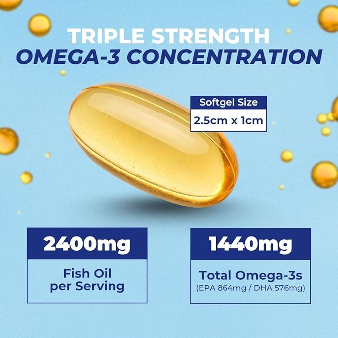 Vital Omega 3 Fish Oil Supplements 2400mg | 864mg EPA & 576mg DHA | 1440mg Total Omega-3 Fatty Acids | Promotes Brain & Heart Health | Non-GMO, Gluten-Free, Sugar-Free | Lemon | 30 Day Servings