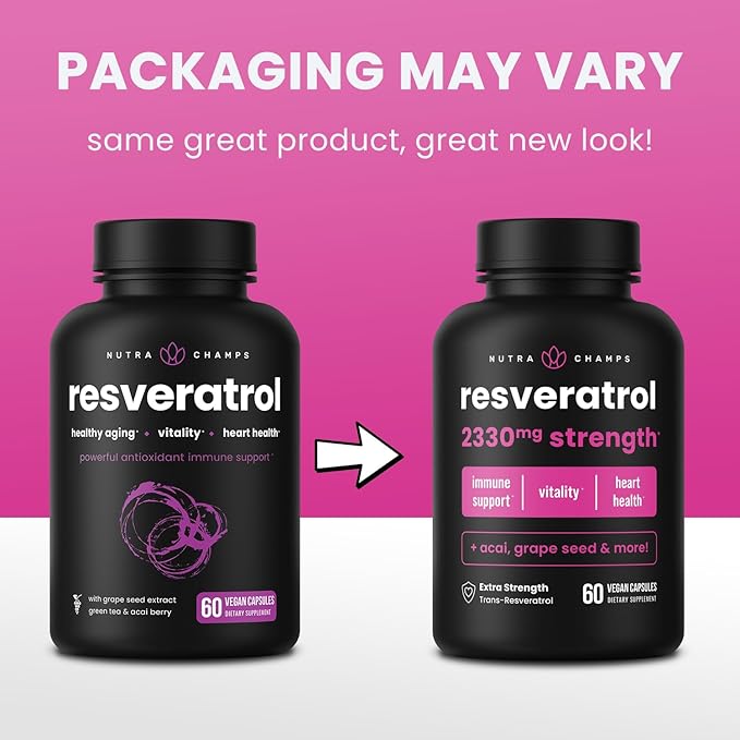 NutraChamps Resveratrol Supplement, Extra Strength Formula for Healthy Aging, Immune Support, 60 Vegan Capsules with Trans-Resveratrol, Green Tea Leaf, Acai Berry & Grape Seed Extract