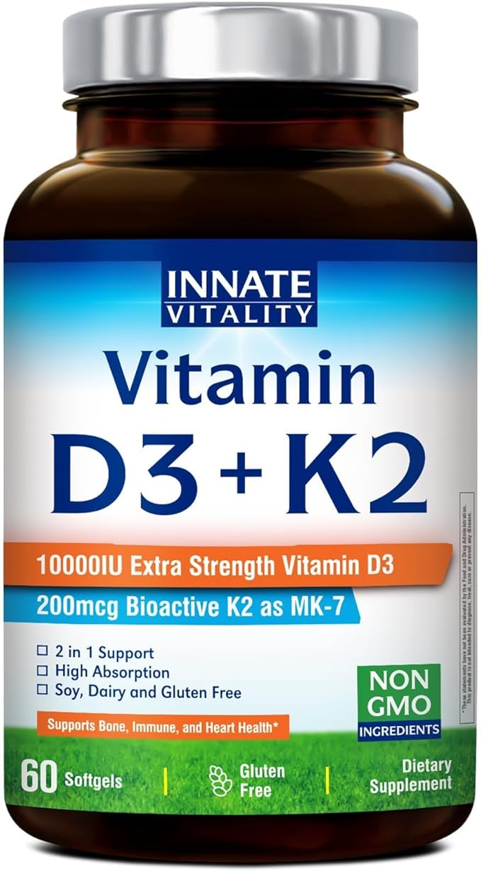 Innate Vitality Vitamin D3 K2 Supplement, High Potency Vitamin D3 10000 IU & Vitamin K2 (MK-7) 200 mcg, Supports Bone, Teeth, Heart & Immune Health, Non-GMO, Gluten Free, 60 Softgels