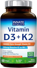 Innate Vitality Vitamin D3 K2 Supplement, High Potency Vitamin D3 10000 IU & Vitamin K2 (MK-7) 200 mcg, Supports Bone, Teeth, Heart & Immune Health, Non-GMO, Gluten Free, 60 Softgels