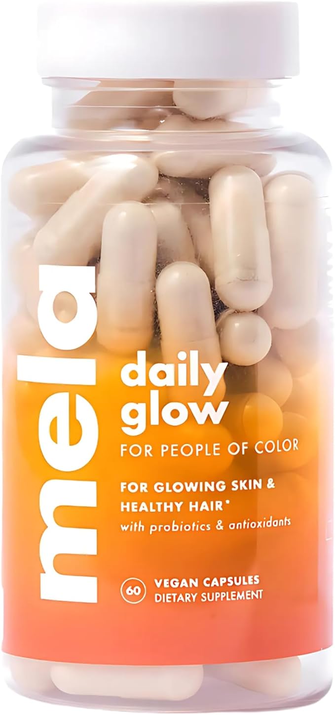 Mela Daily Glow for Healthy Melanin-Rich Skin & Textured Hair – with Silica, Millet, Pumpkin Seed, Probiotics, Hyaluronic Acid & Vitamin D3 – Vegan, Biotin-Free, Gluten & Soy-Free – 60 Count