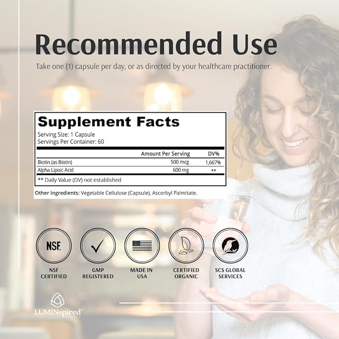 LUMINSPIRED HEALTH Alpha Lipoic Acid 600mg CR with Biotin 500mcg for Better Absorption, 60 Vegan Tablets, Supports Antioxidant Function, Glucose Metabolism & Healthy Nerve Supplement, Gluten Free