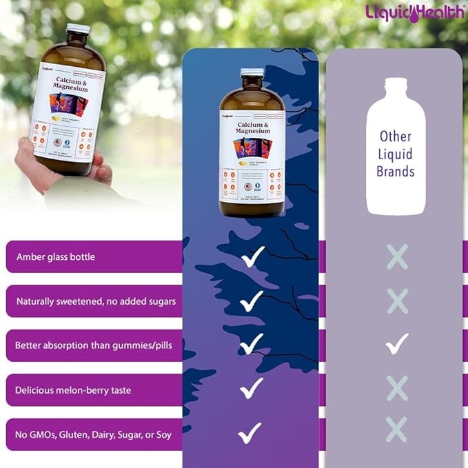 LIQUIDHEALTH Calcium & Magnesium Adult Liquid Vitamin Supplement - Bone, Joint, Muscle, Connective Tissue Support, Heart Health, Essential Nutrients - Made in the USA, Vegan, Non GMO, No Sugar (32 oz)
