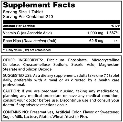 Amazing Formulas Vitamin C with Rose Hips Supplement | 1000 Mg | 240 Tablets | Non-GMO | Gluten-Free | Made in USA