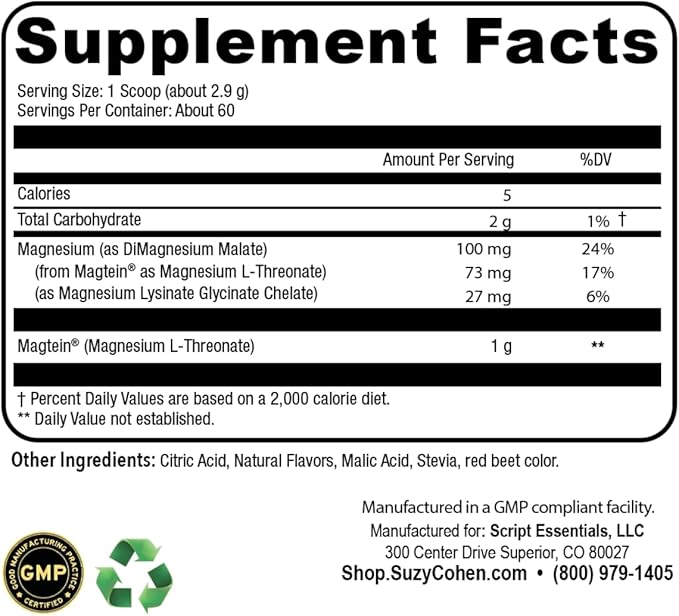 Suzy Cohen MagFocus Magnesium L-Threonate Powder with Magtein (Mixed Berry) Plus Magnesium Glycinate for Wellness, Focus, and Cognition - Gluten-Free, Non-GMO, Vegetarian (60 Servings)