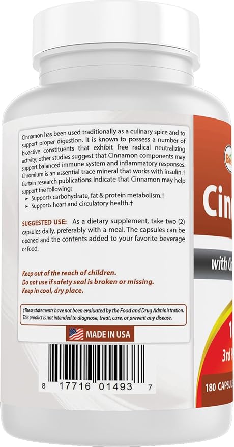 Best Naturals Cinnamon 2000 mg Equivalent with Chromium 400 mcg per Serving - Metabolism Support - 180 Capsules (Pack of 2)