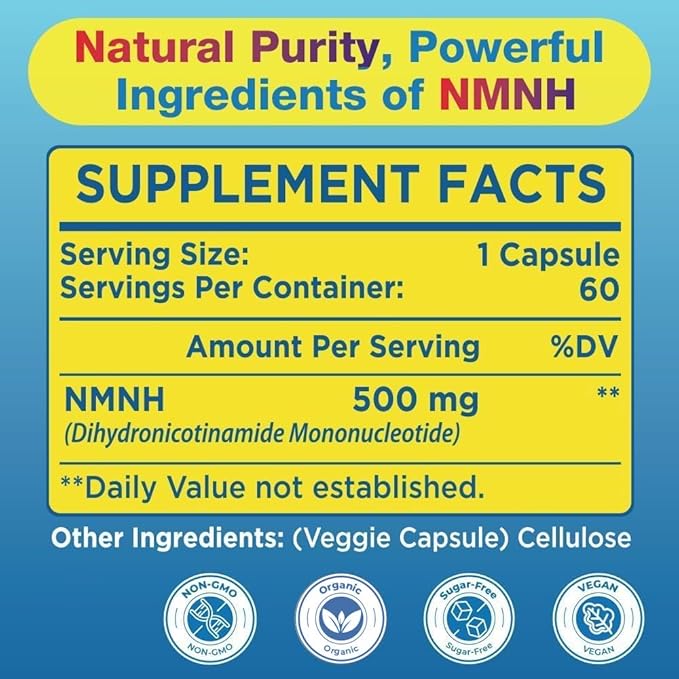 NMNH (NMN Supplement Alternative) NAD Supplements for Anti Aging, Energy, Immune, Focus (Dihydronicotinamide Mononucleotide) 500mg, to Boost NAD+ Levels As We Age, Pure Organic - 60 Capsules