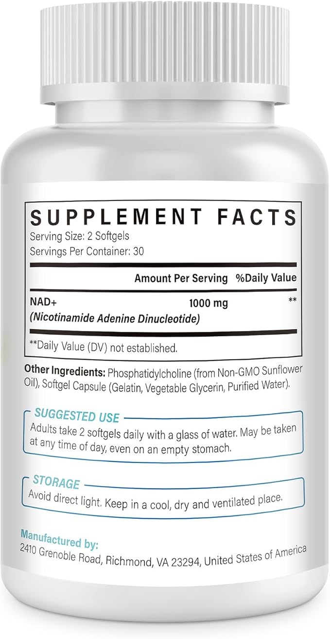 Liposomal NAD+ 1000 mg Supplement | High Bioavailability Liposomal Delivery | Cellular Energy & Wellness Support | Pure NAD+ Dietary Supplement | 180 Softgels