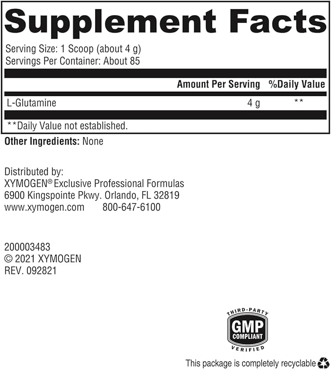 XYMOGEN L-Glutamine Powder Supplement - Promotes Cellular, Immune System + Gut Health - Supports Muscle Mass Retention, 4000mg L-Glutamine Per Serving (12 oz / 85 Servings)