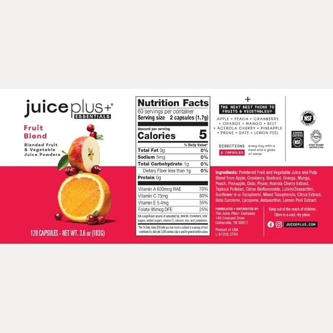 JuicePlus+ Fruit, Vegetable & Berry Blend: Nutrient-Packed Ingredients For Heart Health, Immune Function, Cognitive Performance, & Radiant Skin - Prepacked 3 bottles (60 servings of Fruit, Veg, Berry)