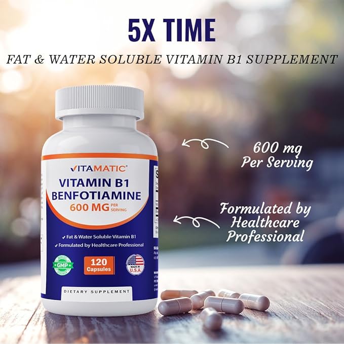 Vitamatic Benfotiamine 300mg + Vitamin B1 300 mg - 120 Vegetable Capsules - Made in the USA - Gluten Free - Non-GMO