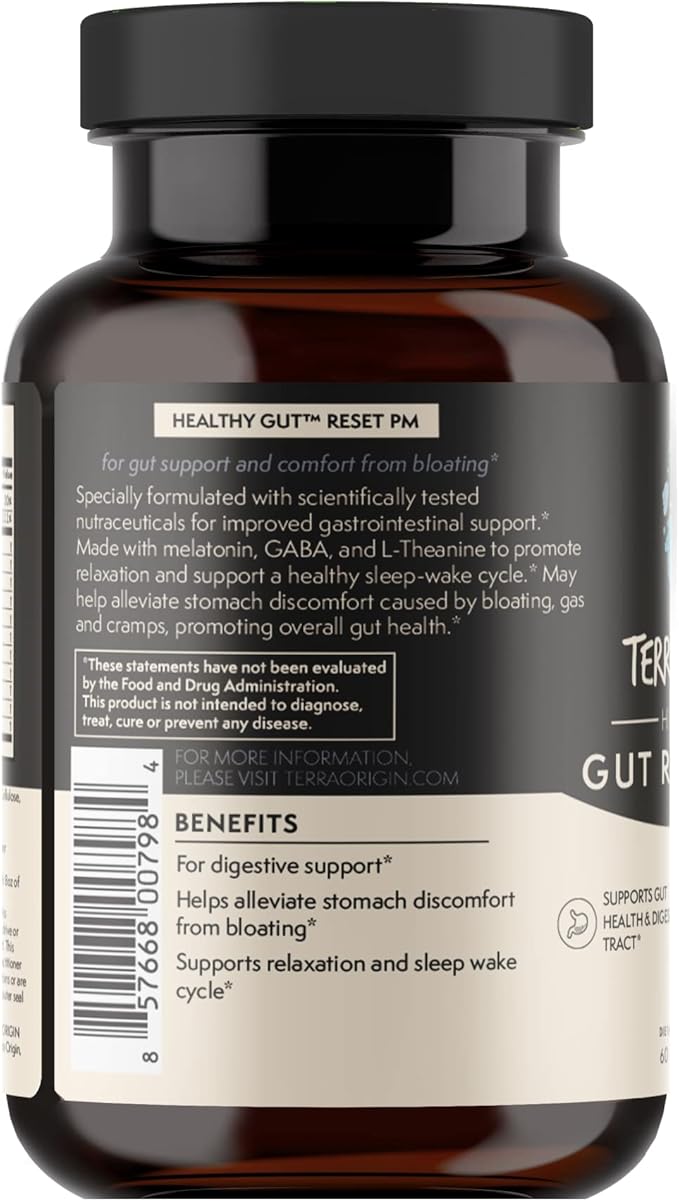 TERRA ORIGIN Healthy Gut Reset PM | 60 Veggie Capsules | Natural Sleep Aid Supplement for Sleep & Wake Cycles | GABA, L-Theanine, Melatonin, L-Glutamine, Licorice Root, Slippery Elm Root